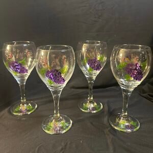 Vintage hand painted enamel grapes on wine glasses & base signed Carla set of 4